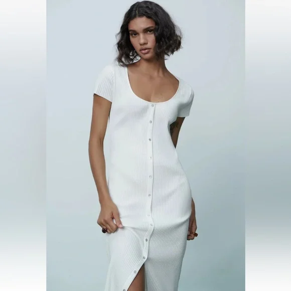 white christmas dresses Zara Women's Cotton Ribbed Bodycon Dress | S UK8 main image 0